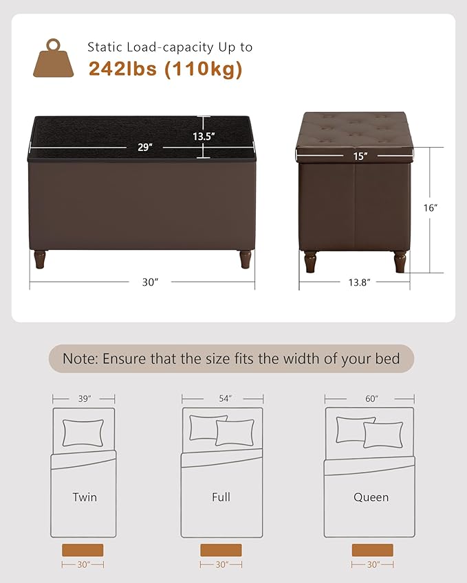 GLAXYFUR 30 Inches Storage Ottoman Bench with Wooden Legs, Faux Leather Folding Ottoman Foot Rest, Storage Bench for Living Room, Hallway & Bedroom, Brown