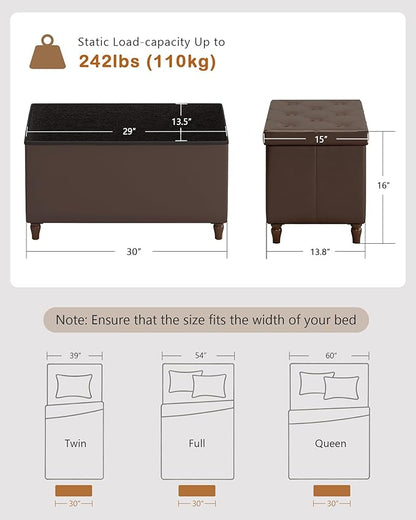 GLAXYFUR 30 Inches Storage Ottoman Bench with Wooden Legs, Faux Leather Folding Ottoman Foot Rest, Storage Bench for Living Room, Hallway & Bedroom, Brown