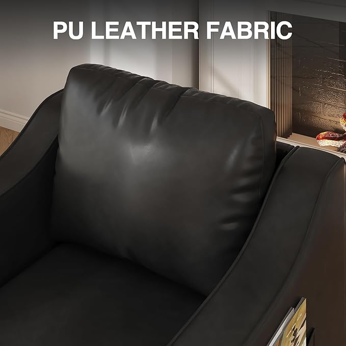 Mid Century Modern Accent Chair, 30 Inches PU Leather Armchairs, Barrel Chair Living Room Chairs Club Chair with Cushion Reading Chair for Bedroom, Apartment, Reading Room, Black