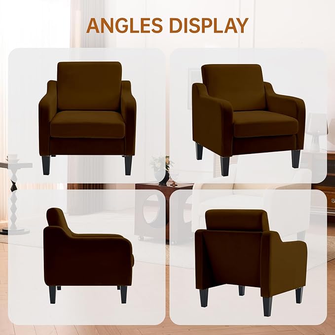 Accent Chair for Living Room, Modern Velvet Living Room Chairs with Wide Backrest, Upholstered Comfy Chair with Cushion, Oversized Sofa Chair with Wood Legs, Single Armchair, Brown