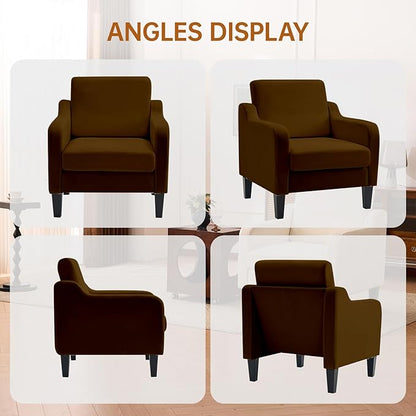 Accent Chair for Living Room, Modern Velvet Living Room Chairs with Wide Backrest, Upholstered Comfy Chair with Cushion, Oversized Sofa Chair with Wood Legs, Single Armchair, Brown