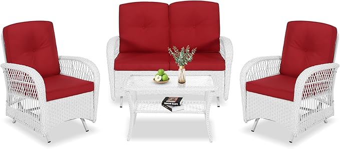 VIVIJASON 4-Piece Outdoor Patio White Wicker Conversation Sets, All Weather Rattan Furniture Set Includes Glider Loveseat, Coffee Table, 2 Glider Rocker Chairs w/Cushion for Lawn Balcony, Red
