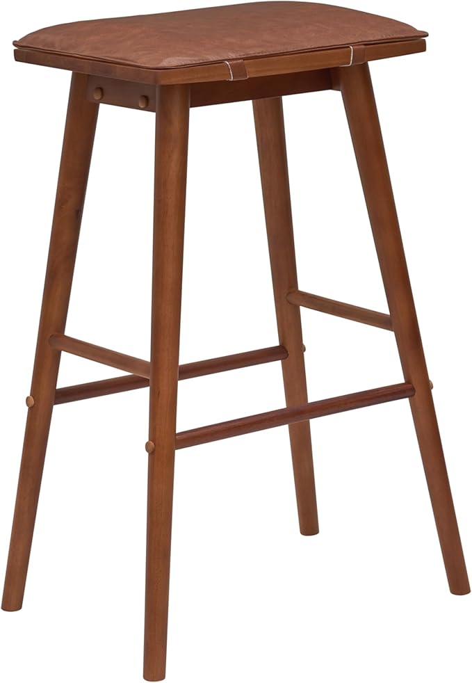 JONATHAN Y BSL2002A Peroni 30.5" MidCentury Classic Saddle-Seat Solid Wood/Vegan Leather Backless Bar Stool for Home, Kitchen, Cafes and Resturants with Removeable Cushion, Chestnut Brown