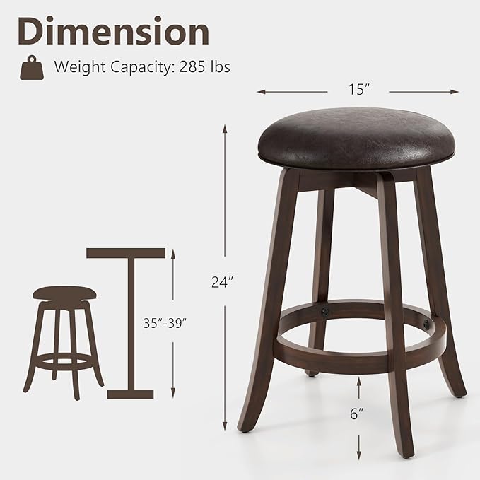 COSTWAY 24-Inch Swivel Bar Stools Set of 2, Upholstered Barstools w/PU Leather Seat & Solid Rubber Wood Legs, Mid-Century Backless Round Counter Height Stools w/Footrest for Kitchen Home Bar