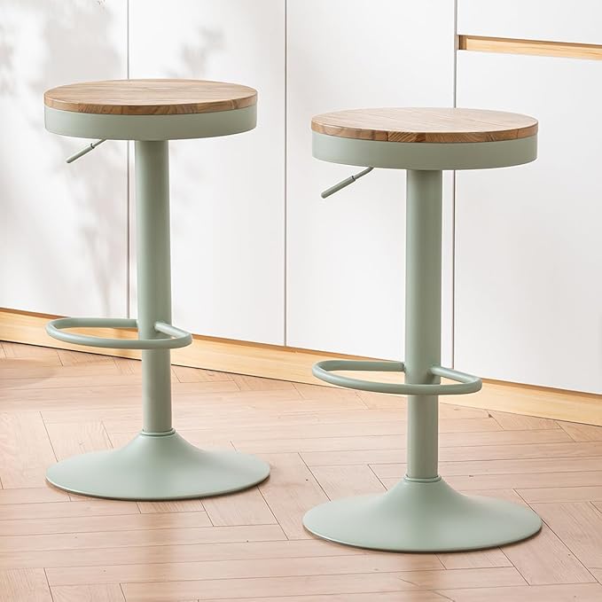 Kidol & Shellder Bar Stools Set of 2 Round Adjustable Swivel Barstools Modern Backless Bar Chairs Wooden Seat Counter Height Stools Armless for Kitchen Island, Cafe, Dining Room (Mint Green)
