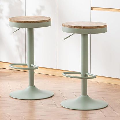 Kidol & Shellder Bar Stools Set of 2 Round Adjustable Swivel Barstools Modern Backless Bar Chairs Wooden Seat Counter Height Stools Armless for Kitchen Island, Cafe, Dining Room (Mint Green)
