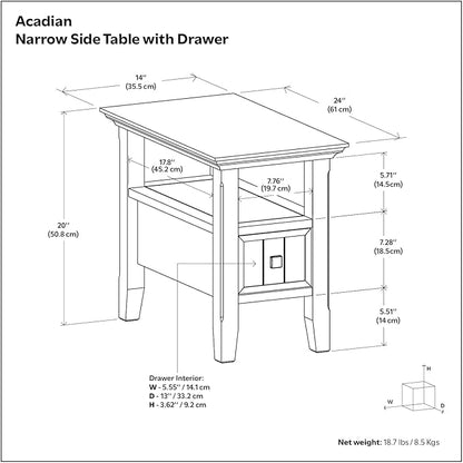 SIMPLIHOME Acadian 14-inch Wide Narrow End Table with Drawer and Open Shelf in Light Golden Brown for Living Room or Bedroom