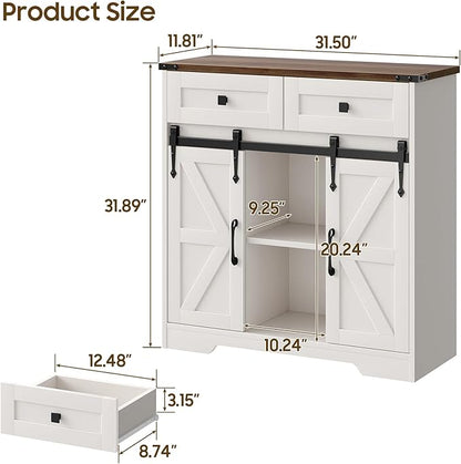 Farmhouse Storage Cabinet, Bathroom Cabinet with 2 Sliding Barn Doors, Floor Storage Cabinets with Adjustable Shelves and 2 Drawers for Kitchen, Living Room, Dining Room, White