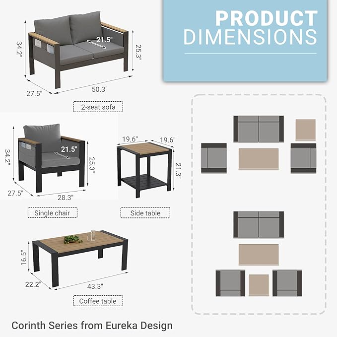 Corinth 2-Piece Aluminum Patio Conversation Set - Outdoor, Porch, Balcony, Yard, Gardern, All Weather,1 Ergonomic Design Love Sofa and 1 Coffee Table, Grey