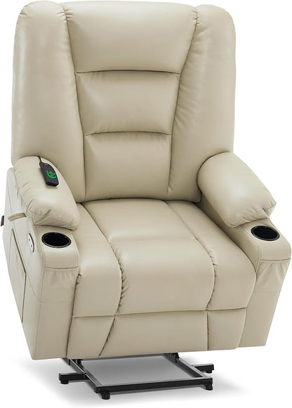 MCombo Oversized Power Lift Recliner Chair with Massage and Heat for Big and Tall Elderly People, Cup Holders, USB Ports, Side Pockets, Faux Leather R7541 (Beige, Large-Oversize)