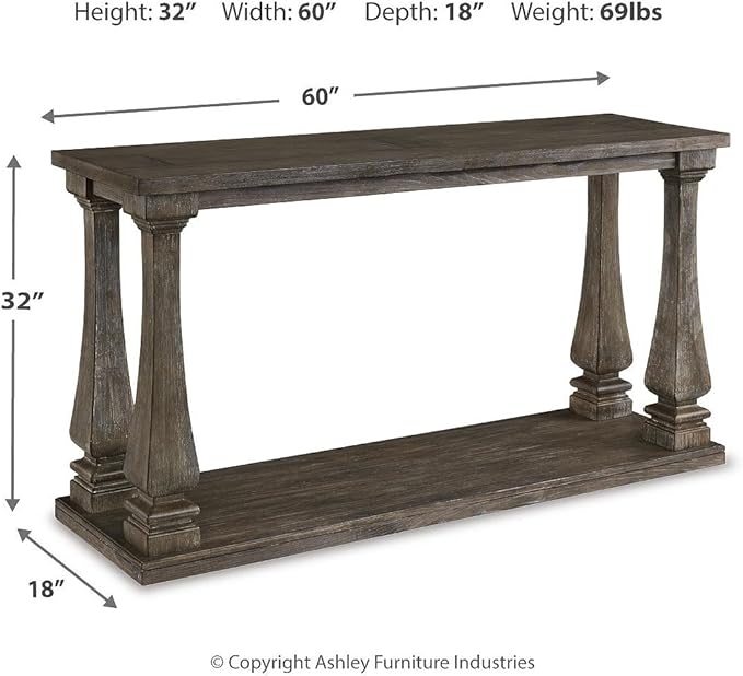 Signature Design by Ashley Johnelle Casual Sofa Table, Plank-look Framed Tabletop, Weathered Finish, Elm Veneers and Wood, 60" W x 18" D x 31.88" H, Gray