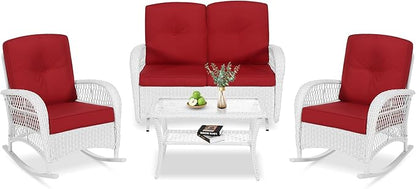 VIVIJASON 4-Piece Outdoor Patio White Wicker Conversation Sets, All Weather Outdoor Rattan Furniture Set Includes Glider Loveseat, Coffee Table, 2 Rocking Chairs with Cushions for Backyard, Red