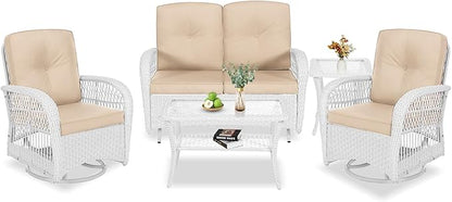 VIVIJASON 5-Piece Outdoor Patio White Wicker Conversation Sets, All Weather Outdoor Rattan Furniture Set Includes Glider Loveseat, 2 Coffee Table, 2 Swivel-Gliders Chairs with Cushions, Beige