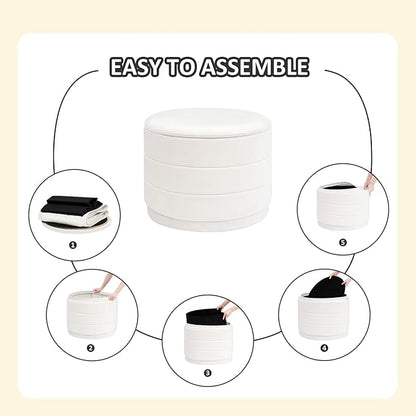 PINPLUS Large Round Velvet Storage Ottoman, White Upholstered Footstool with Hidden Storage, Sturdy Coffee Table Ottoman for Living Room & Bedroom