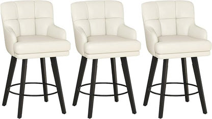 360°Swivel Counter Height Bar Stools with Back, 26 inch Solid Wood Legs, Bar Stool Modern Kitchen Island Chairs, Faux Leather (Beige- Faux Leather, 26" H- Set of 3)