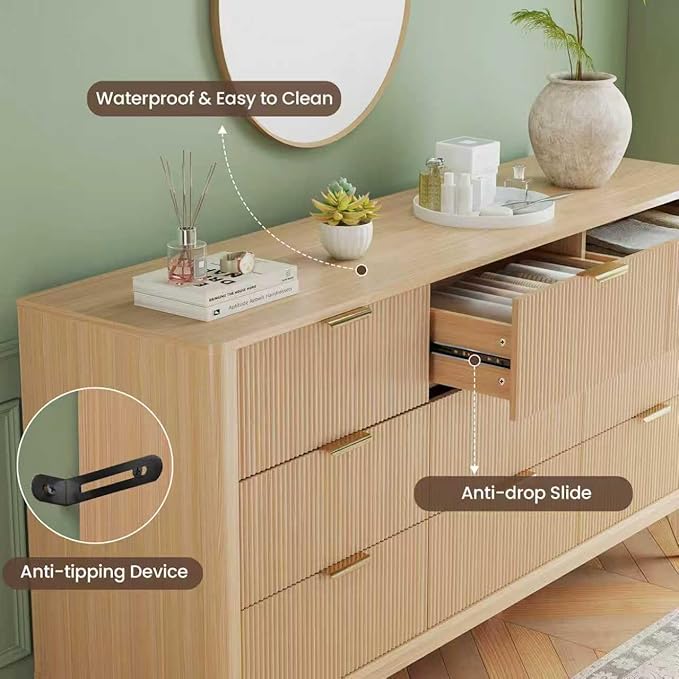 Fluted Dresser for Bedroom,59'' Modern Wooden Dresser with 9 Drawers, Bedroom Dressers, Natural Wood Chest of Drawers for Living Room, Hallway (Oak)