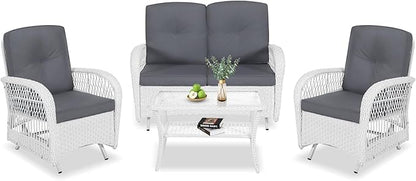 VIVIJASON 4-Piece Outdoor Patio White Wicker Conversation Sets, All Weather Rattan Furniture Set Includes Glider Loveseat, Coffee Table, 2 Glider Rocker Chairs w/Cushion for Lawn Balcony, Grey