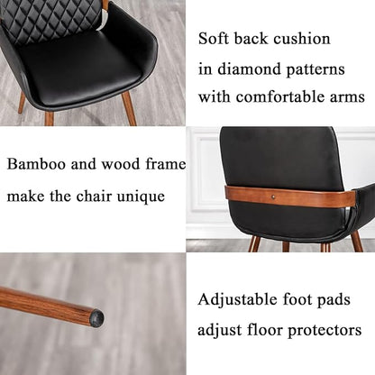 LUNLING Mid Century Modern Faux Leather Dining Room Chairs,Upholstered Seat Metal Legs Chairs Black Faux Leather Kitchen Chair Reception Room Chair,1PCS