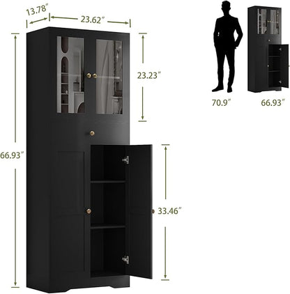 Space-Saving 67 Inch Bathroom Linen Cabinet,Freestanding Tall Storage Tower with Adjustable Shelves & Glass Doors for Bathroom, Kitchen, Hallway Organization (Black)