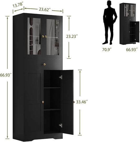 Space-Saving 67 Inch Bathroom Linen Cabinet,Freestanding Tall Storage Tower with Adjustable Shelves & Glass Doors for Bathroom, Kitchen, Hallway Organization (Black)