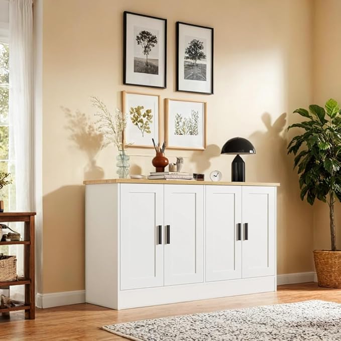 White Sideboard Buffet with 4 Doors, Accent Coffee Bar, Kitchen Cabinet for Living Room, Kitchen or Hallway