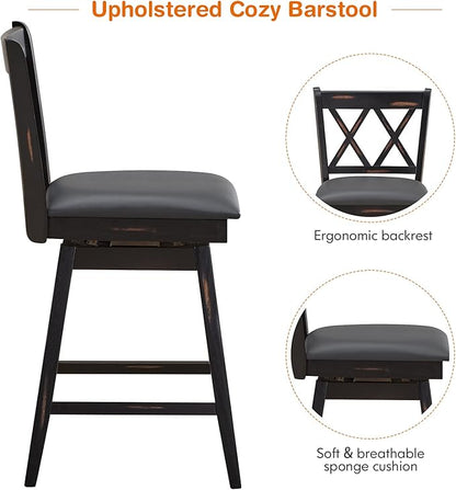 COSTWAY Bar Stool Set of 2, 360 ° Swivel Counter Height 25 inch Bar Stool with Foot Rest Upholstered Cushion & Ergonomic Backrest, Sturdy Frame, for Pub, Restaurant, Home (2, Black + Grey)