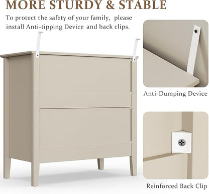 RoyalCraft Beige Fluted 3 Drawer Dresser, 32 inch Wide Dresser Nightstand for Bedroom, Modern Wood Chest of Drawers, Large Painted Nightstand with 3 Drawers for Closet, Hallway, Entryway