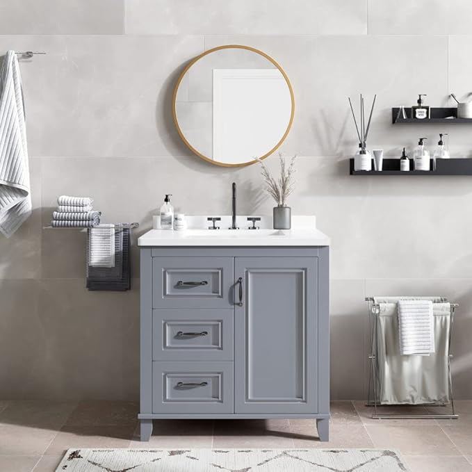 Hanover Ambridge 31'' Vanity Cabinet with Sink Combo for Bathroom, Powder Room | Pre-Assembled Cabinet | 1 Door, 3 Drawers | Artificial Stone Countertop, Gray Cabinet | HANVN0104-31-0GR