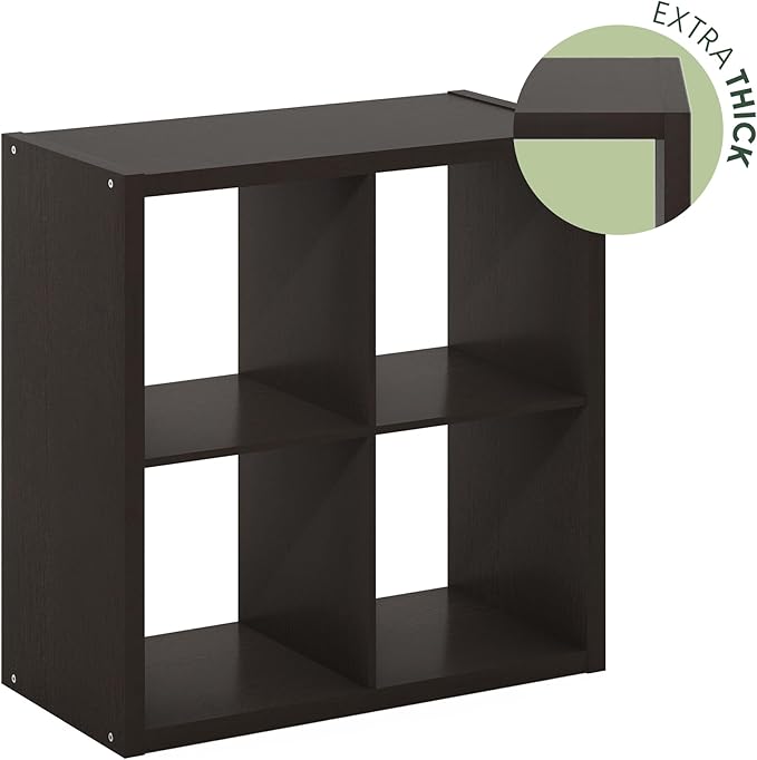 Furinno CUBICLE Book Shelf, 4-Cube Bookself, Thick Frame Bookcase with Reversible Open Back, 14.6 x 30 x 30, for Living Room, Bedroom, Home Office, Black Dark Oak