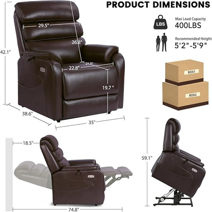 EONIX Dual Motor Lay Flat Power Lift Recliner Chair for Elderly, Electric Leather Lift Chairs for Adults, 400lbs Heavy Duty Power Recliner Lift Sofa with Heat and Massage, Dark Brown