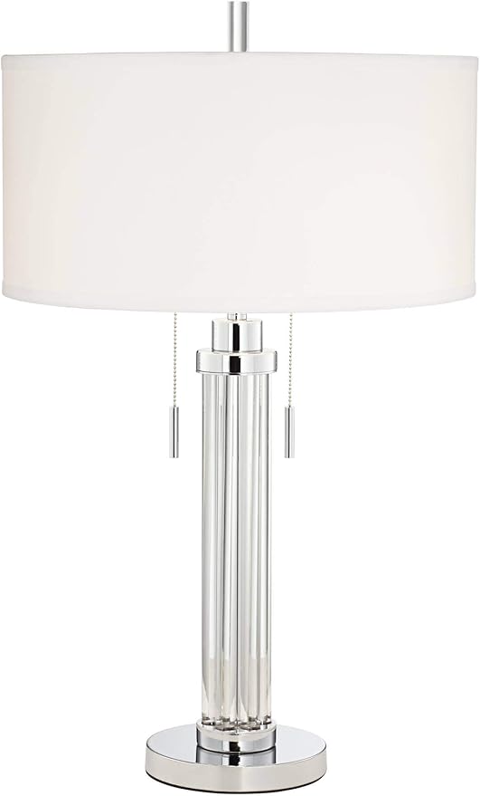 Possini Euro Design Cadence Modern Art Deco Style Column Table Lamp 30" Tall Chrome Silver Linear Clear Glass Rod White Drum Shade Decor for Living Room Bedroom House Bedside Nightstand Home Office