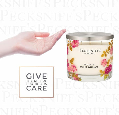 Pecksniff’s 3 Wick Candle – Peony & Sweet William, 550 g / 19.4 oz – Long Lasting Burn, Elegant Home Decor & Relaxing Ambiance
