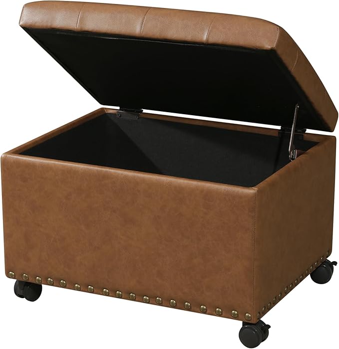 24" Leather Storage Ottoman with Steerable Rolling Wheels, Rectangle Foot Rest Ottoman with Storage for Living Room Bedroom, Vintage Golden Brown