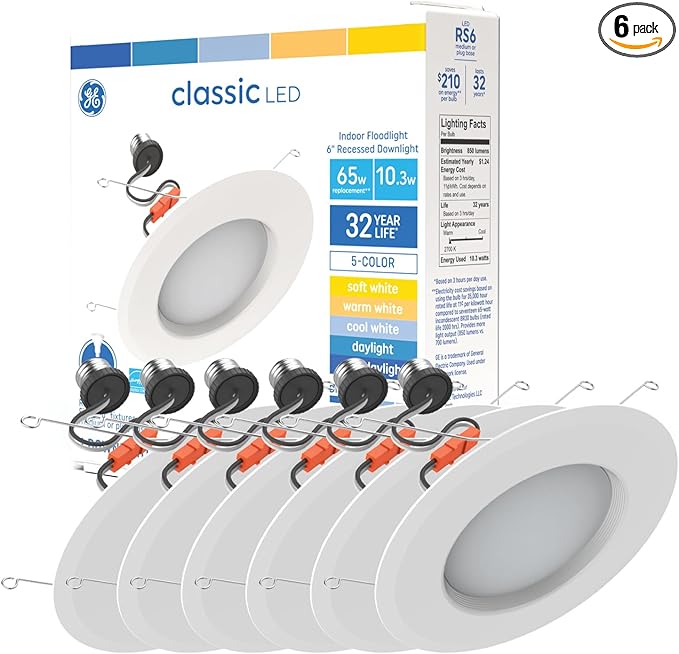 GE LED Recessed Downlight Fixture, RS6 Indoor Floodlight, 6-Inch, Multiple Color Temperatures, 65 Watt Replacement (6 Pack)