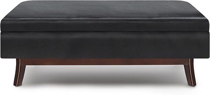 SIMPLIHOME Owen 48 inch Wide Mid Century Modern Rectangle Rectangular Storage Ottoman in Midnight Black Vegan Faux Leather, Assembled, for the Living Room, Entryway and Family Room