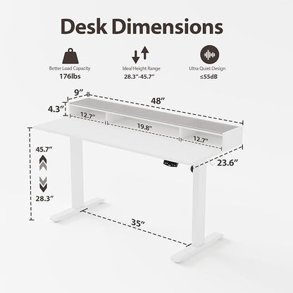 Agilestic Glass Standing Desk with Storage, 48 Inch Electric Adjustable Desk with Glass Shelf, Sit Stand Up Home Office Computer Table, Splice Board, White