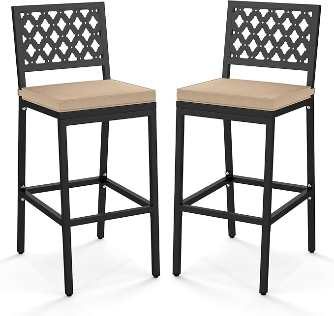 COSTWAY Outdoor Bar Chairs Set of 2, Armless Heavy-Duty Metal Frame Counter Height Chairs with Removable Cushions, Footrest, Ergonomic Backrest, Upholstered Barstools for Patio, Poolside, Backyard