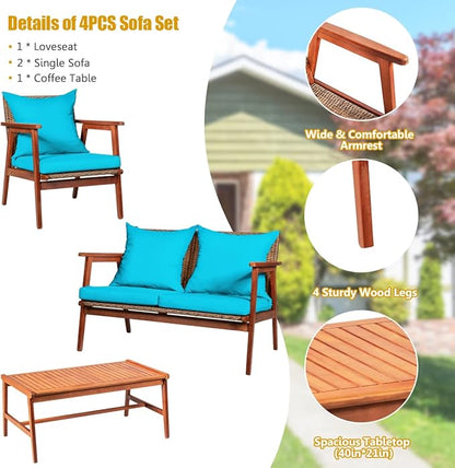 COSTWAY 4 Pieces Acacia Wood Patio Conversation Set, Outdoor Wicker Sofa with Coffee Table & Cushions, Patio Rattan Furniture Set for Yard, Porch, Poolside, Balcony, Backyard, Turquoise