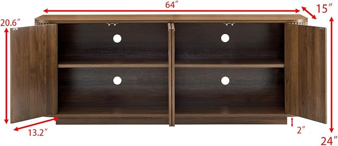 LKTART 64" Sideboard Buffet Cabinet with Storage, Wooden Fluted Storage Cabinet Sideboard Credenza with Adjustable Shelves Pressed Spring for Kitchen Living Room (Walnut)