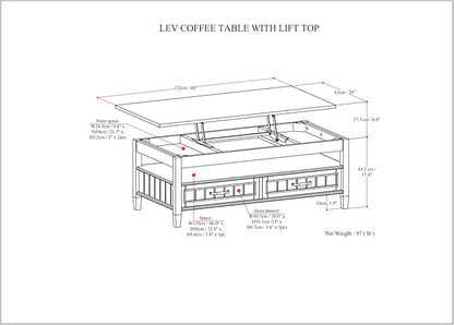 SIMPLIHOME Lev Lift Top Coffee Table - 48 inch Wide Solid Wood Rectangle Living Room Table in Smoky Brown, Transitional Cocktail Table for Family Room with Hidden Storage and Open Shelf