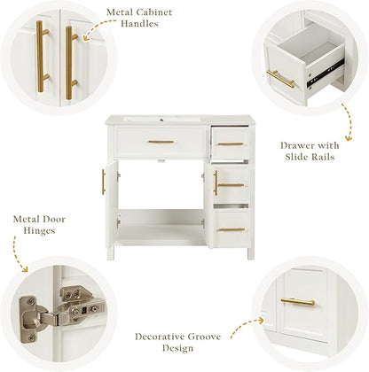 Favfurish 36" Bathroom Vanity with Sink Combo,Bathroom Vanity Cabinet with Two Soft-Closing Doors and Four Drawers,Free Stading Vanities w/Gold Handler,for Bathroom,Easy Assembly,White