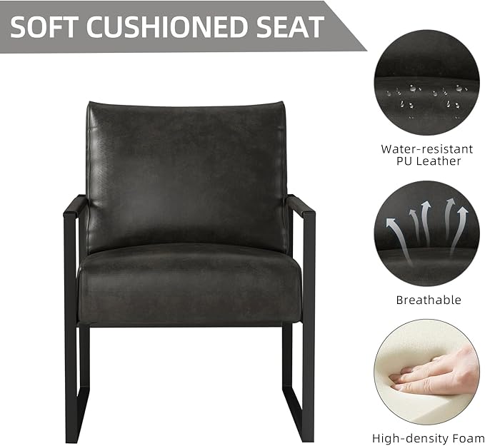 INZOY Leather Accent Chair with Metal Frame, Comfy Living Room Chair with Plump Backrest and Cushion, Mid Century Modern Chair with Sturdy Structure, Easy to Clean, Dark Grey