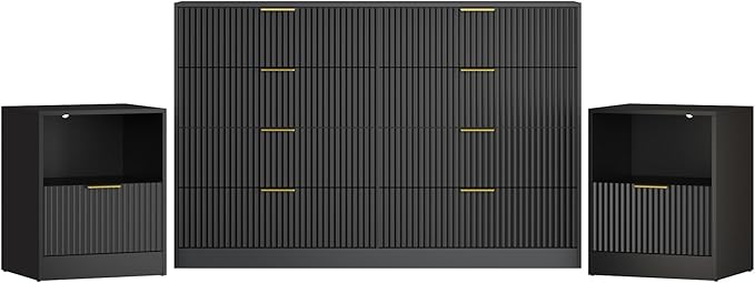 3-Piece Modern Bedroom Furniture Set, Wide 8-Drawer Dresser & 1-Drawer Nightstands Set of 2, Natural Wood Dresser and Nightstand Sets for Bedroom, Hallway, Black