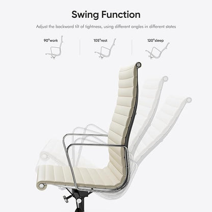 Ribbed Office Chair with Top Grain Leather - High Back Ergonomic Desk Chair with Aluminum Arms & Frame, Swivel Wheels & Tilt Function, Adjustable Height