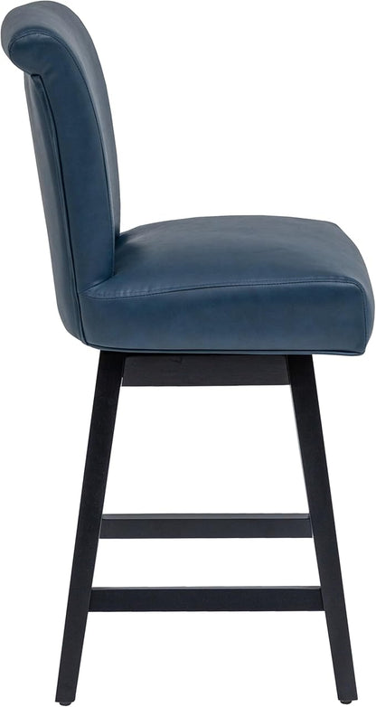 Bar Stool, PU Leather Barstool, 26 Inch Upholstered Counter Stools with 15.7" High Back and Footrest, Swivel Counter Height Barstools for Kitchen Island Home Bar Navy Blue