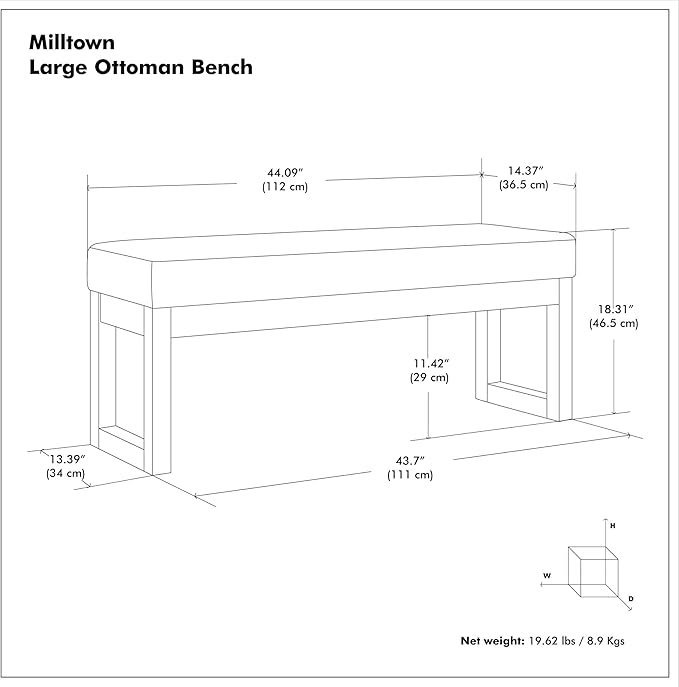 SIMPLIHOME Milltown 45 inch Wide Contemporary Rectangle Large Ottoman Bench in Grey Linen Look Fabric, Assembled, for the Living Room and Bedroom