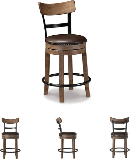 Signature Design by Ashley Pinnadel |24.25" Counter-Height Swivel Bar Stool – Modern Farmhouse, Faux Leather, 360° Swivel, Nailhead Trim, Rustic Light Brown