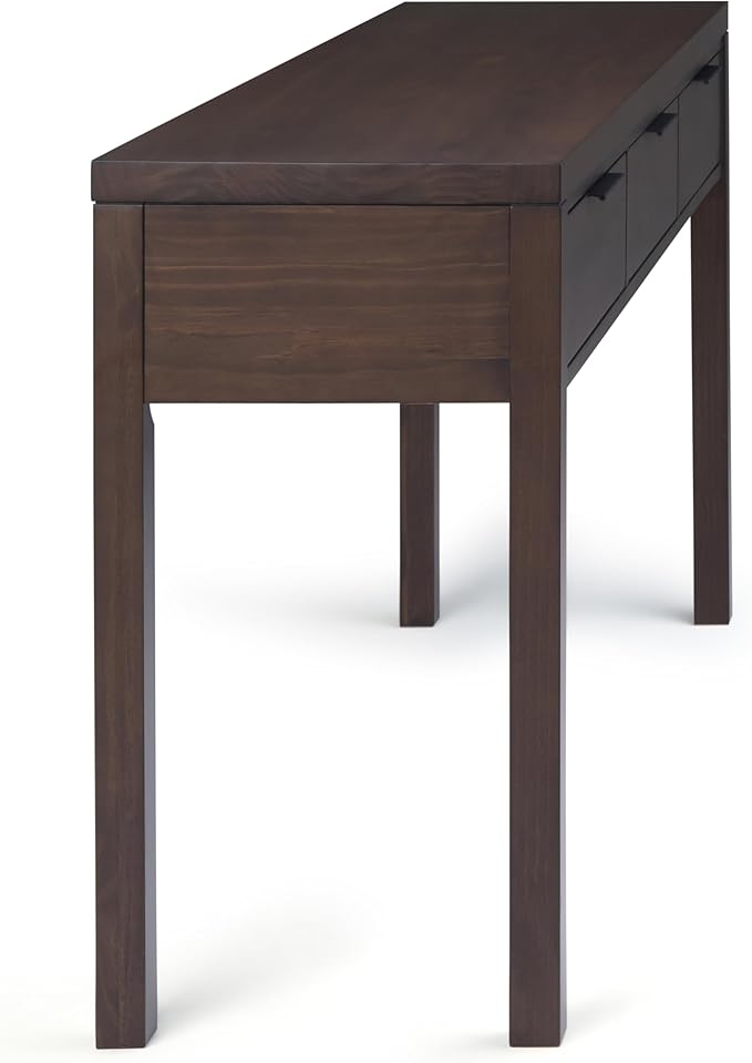 SIMPLIHOME Hollander Console Table - 60 Inch Wide Solid Wood Sofa Table in Warm Walnut Brown, Contemporary Storage Table for Entryway or Living Room with 3 Drawers and Sleek Metal Hardware