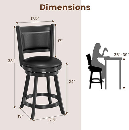 COSTWAY Bar Stools Set of 4, 360 Degree Swivel, 24" Accent Wooden Swivel Seat Counter Height Bar Stool, Leather Upholstered Design, PVC Cushioned Seat, Perfect for Dining and Living Room (Height 24")