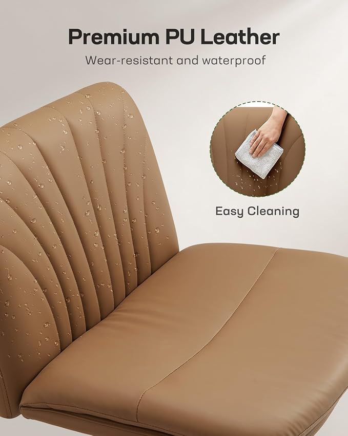 Marsail Armless-Office Desk Chair with Wheels: PU Leather Cross Legged Wide Chair,Comfortable Adjustable Swivel Computer Task Chairs for Home,Office,Make Up,Small Space,Bed Room, Brown
